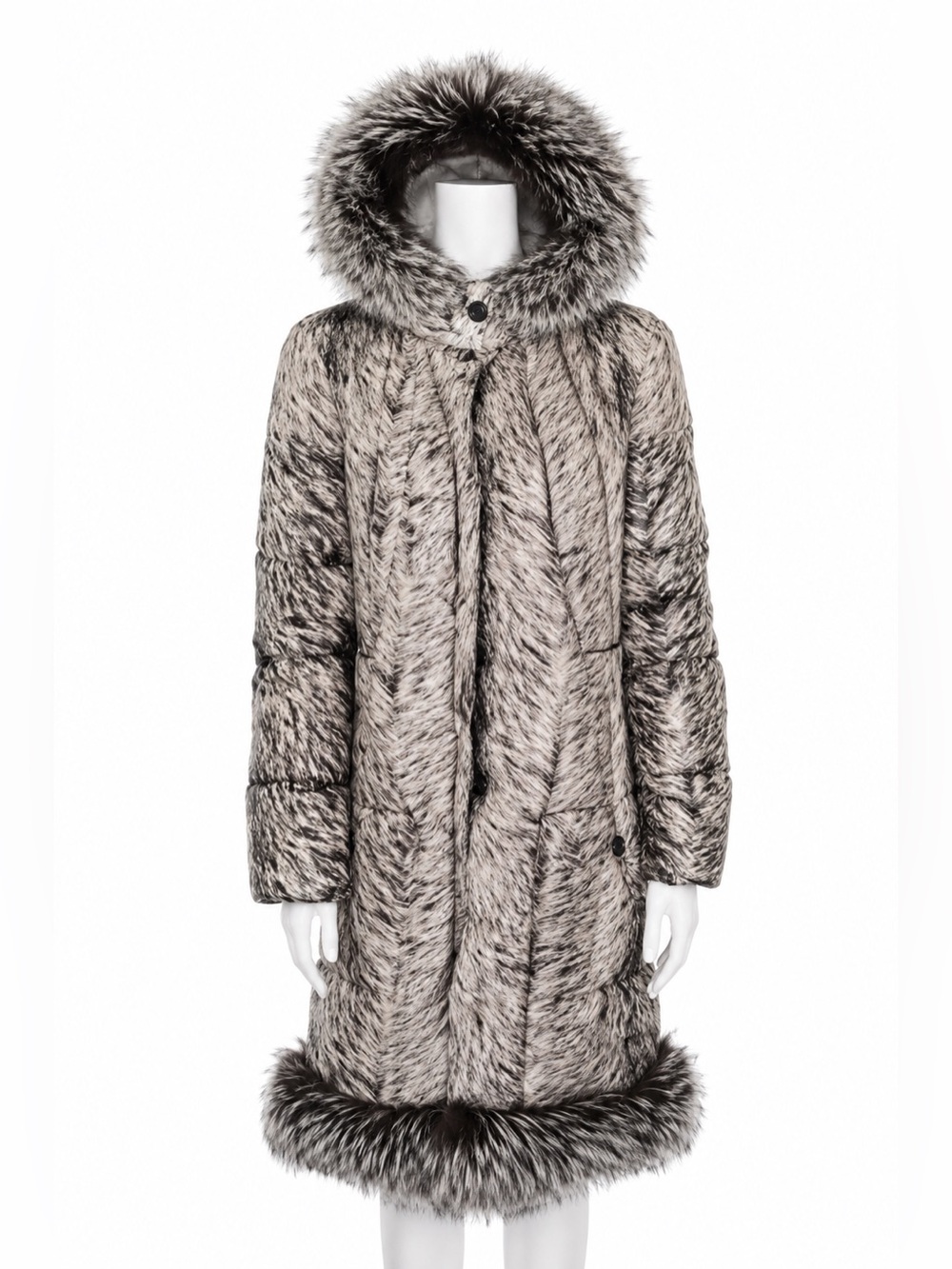 RARE Real Silver Fox Fur & Printed Silk Puffer Coat by Oscar de la Renta Runway